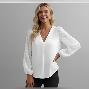 White Chiffon Swiss Dot Lantern Sleeve V-Neck Shirt